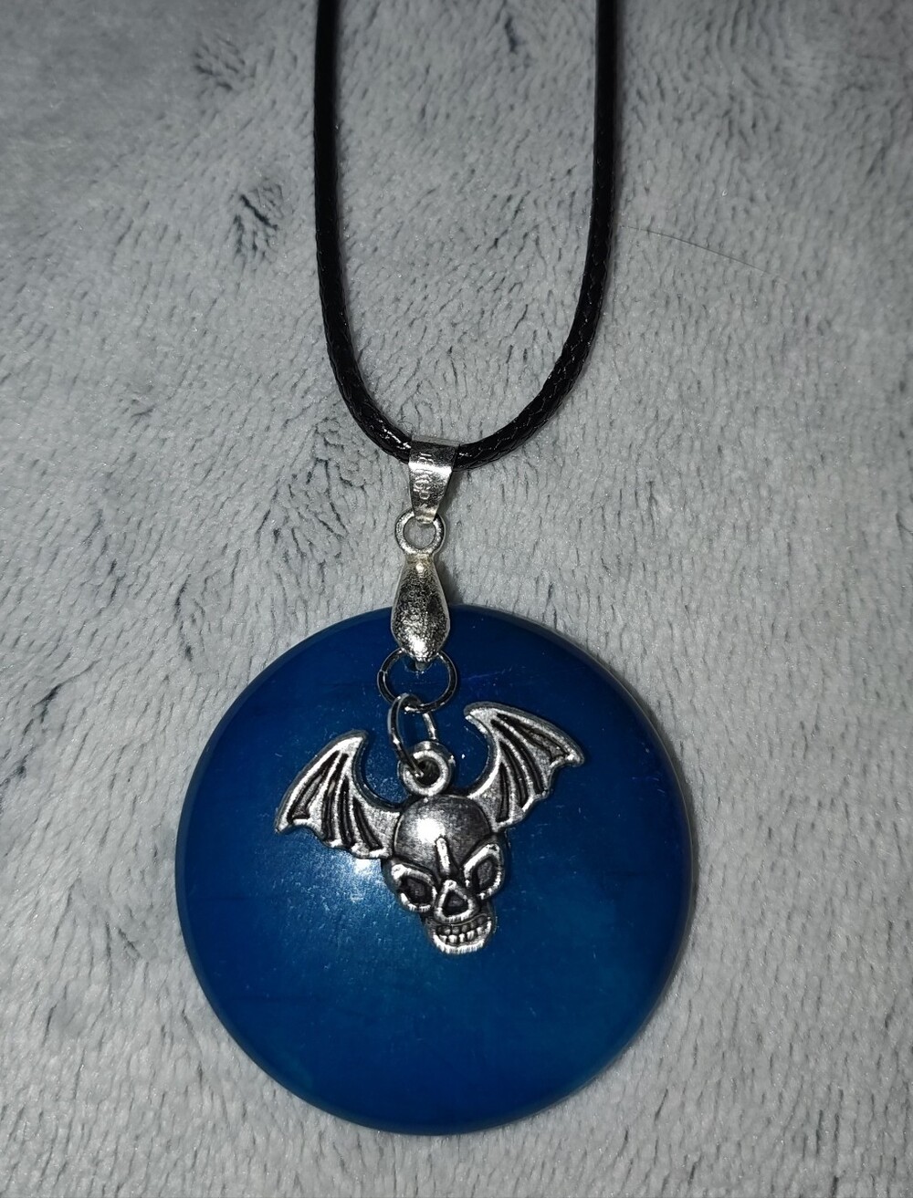 Blue Round Natural Stone Pendant Necklace with Winged Skull Charm - Handmade Jew